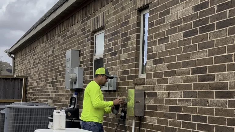 Texan Mosquito Systems technician walking a property line and tuning misting nozzles during a system service